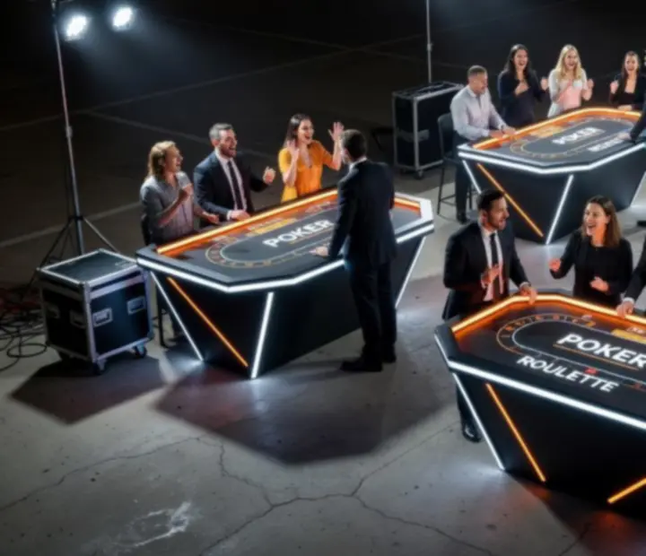 Mobil szórakoztató setup póker-, rulett- és blackjackasztalokkal, vendégekkel és hostokkal.